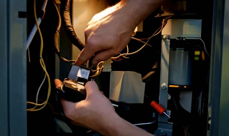 Technician performing electrical diagnostics on AC unit EmergencyHVACs technician inspecting electrical components inside an air conditioning unit during diagnostic service