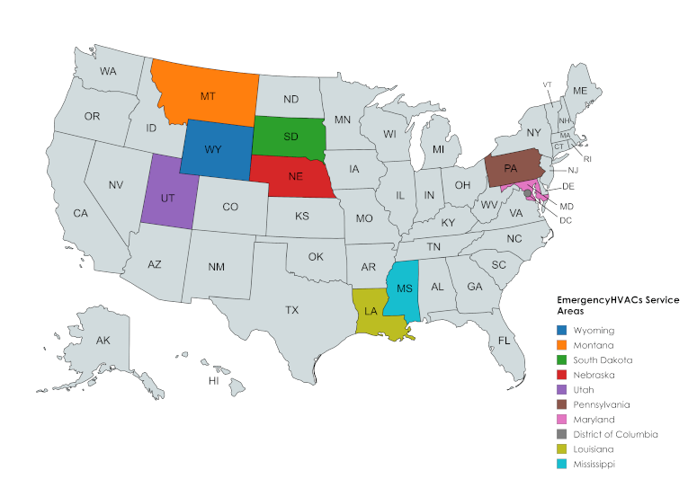 EmergencyHVACs Service Areas — Montana, SD, NE, UT, WY, PA, MD, DC, LA, MS U.S. map showing EmergencyHVACs service states: Wyoming (blue), Montana (orange), South Dakota (green), Nebraska (red), Utah (purple), Pennsylvania (brown), Maryland (pink), District of Columbia (gray), Louisiana (olive), Mississippi (teal).