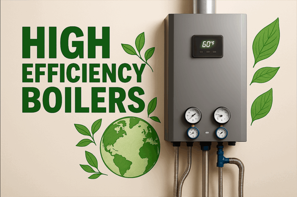 High-efficiency boiler with digital display showing 60 degrees, surrounded by green "HIGH EFFICIENCY BOILERS" text, stylized leaves, and a globe, symbolizing eco-friendly heating.