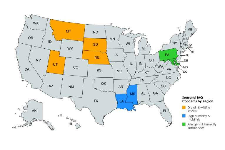 Seasonal IAQ Concerns by Region — EmergencyHVACs U.S. map highlighting seasonal indoor air quality concerns: dry air and wildfire smoke in Montana, South Dakota, Nebraska and Utah (orange); high humidity and mold risk in Louisiana and Mississippi (blue); allergens and humidity imbalances in Pennsylvania, Maryland and D.C. (green).