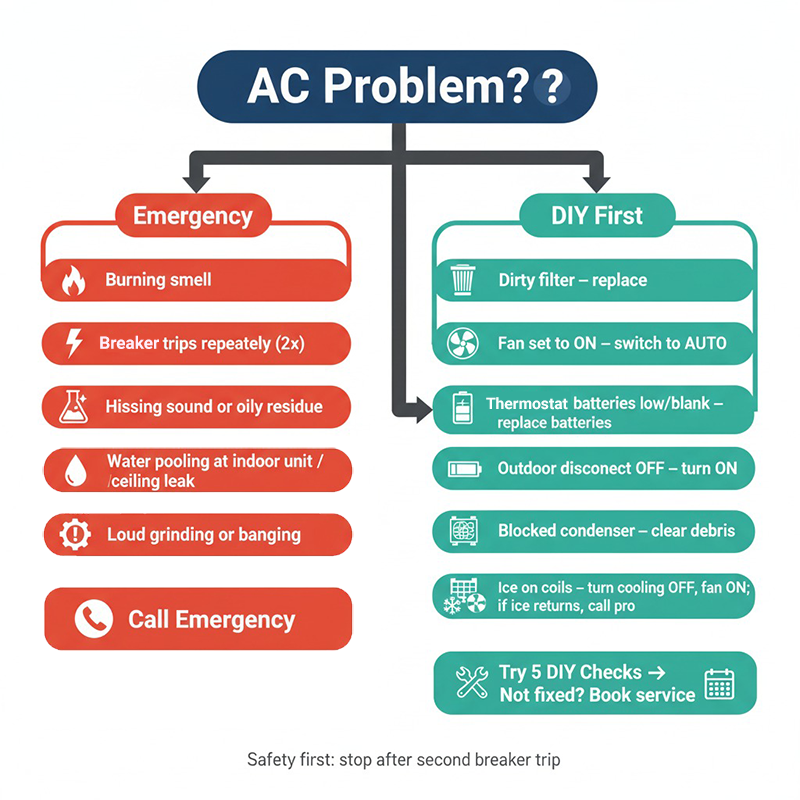 Flowchart showing when to try AC DIY checks versus call emergency repair, with specific triggers and safe homeowner actions.