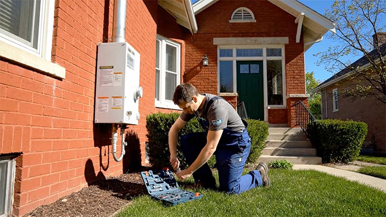 Professional network HVAC technician kneeling outside red brick Denver Capitol Hill home, adjusting boiler altitude orifices for 5,280-foot elevation efficiency optimization