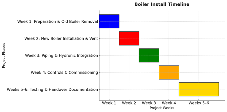 Boiler installation and commissioning Gantt chart for medical center project