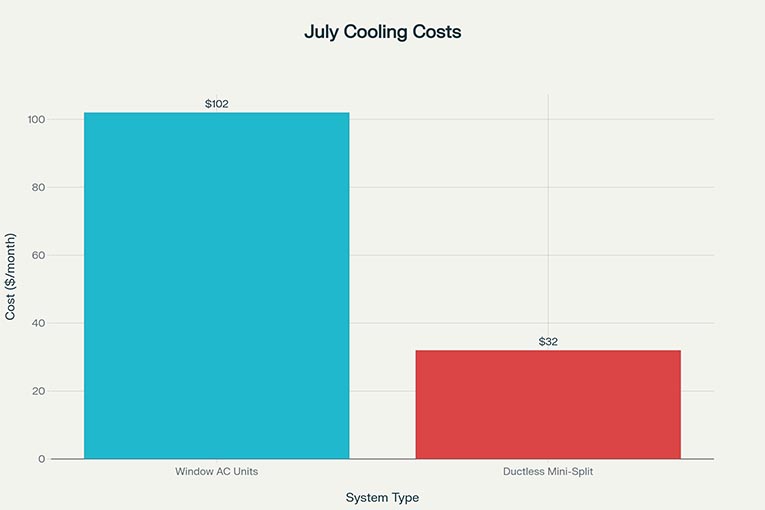 Bar chart comparing July electricity cooling costs between window AC units and ductless mini-split systems