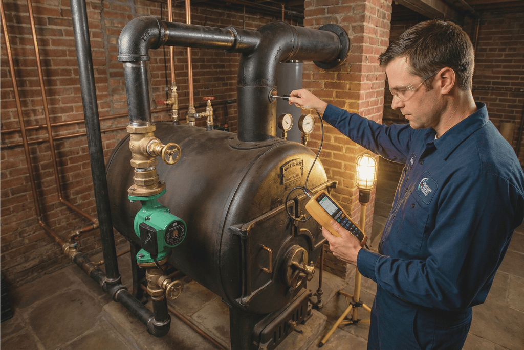 HVAC technician performing a combustion analysis on a restored historic cast iron boiler in the exposed brick basement of the Clayton St Denver residence.