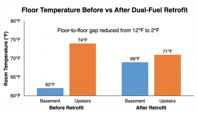 Bar chart titled Floor Temperature Before vs After Dual-Fuel Retrofit, showing basement 62°F and upstairs 74°F before, improving to basement 69°F and upstairs 71°F after, cutting the floor-to-floor gap from 12°F to 2°F.