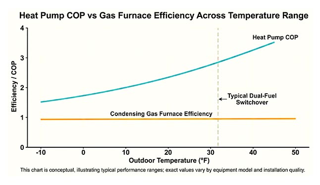 Conceptual line chart titled Heat Pump COP vs Gas Furnace Efficiency Across Temperature Range, showing a blue heat pump COP curve rising from about 1.5 at -10°F to about 3.5 at 45–50°F and a flat orange condensing gas furnace efficiency line near 1.0, with a dashed vertical marker at 32°F labeled Typical Dual-Fuel Switchover.