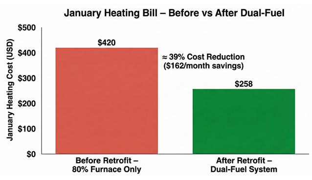 Bar chart titled January Heating Bill – Before vs After Dual-Fuel comparing $420 for an 80% furnace-only system to $258 for a dual-fuel system, showing a 39% cost reduction.