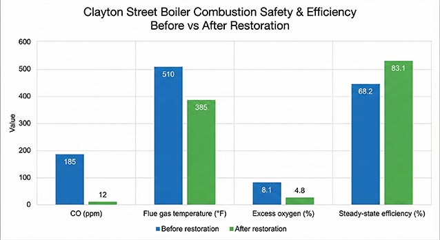 Bar chart comparing Clayton Street boiler CO, flue gas temperature, excess oxygen, and efficiency before and after restoration