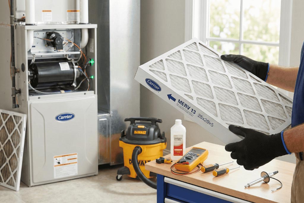 Professional HVAC technician demonstrating Carrier 58MSA060 furnace filter replacement with new MERV 13 filter and maintenance tools in residential utility room