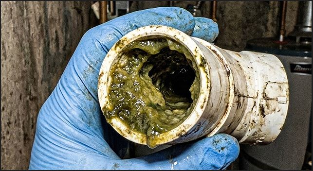 A close-up of a hand wearing a blue nitrile glove holding a white PVC pipe that is completely blocked inside by thick, greenish-brown algae and sludge.