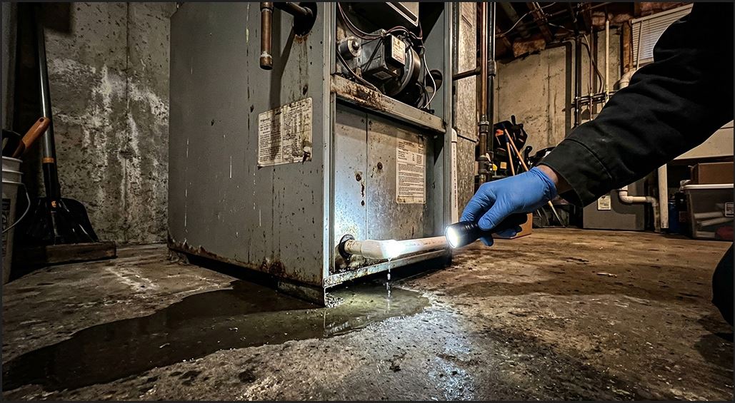 A technician's hand holding a flashlight illuminates a dripping white PVC condensate drain pipe, causing a puddle of water to leak from an old furnace onto a concrete basement floor.