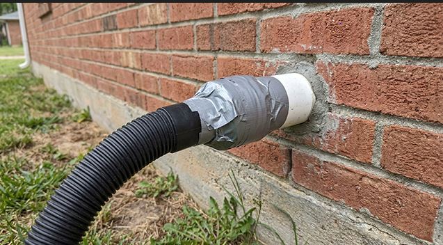 A black wet/dry Shop-Vac hose securely attached with duct tape to a white PVC condensate drain pipe on an exterior brick wall to clear an HVAC blockage.